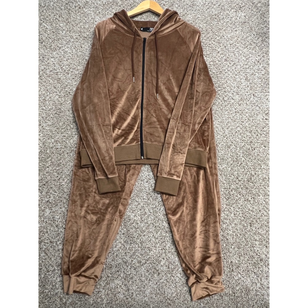 BBJ Los Angeles Brown Velour Tracksuit Set Zip Hoodie Joggers Women Large